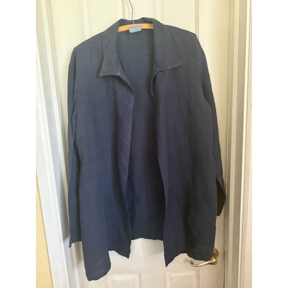 NWOT TSD Blue 100% Linen Open Front Shirt Jacket Duster Coat Sz L